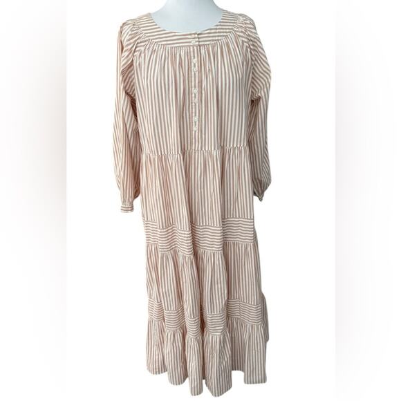 THE GREAT. Patio Tiered Swingy Blouson Maxi Dress in Cream Malt Stripe 1 Small - Picture 2 of 15